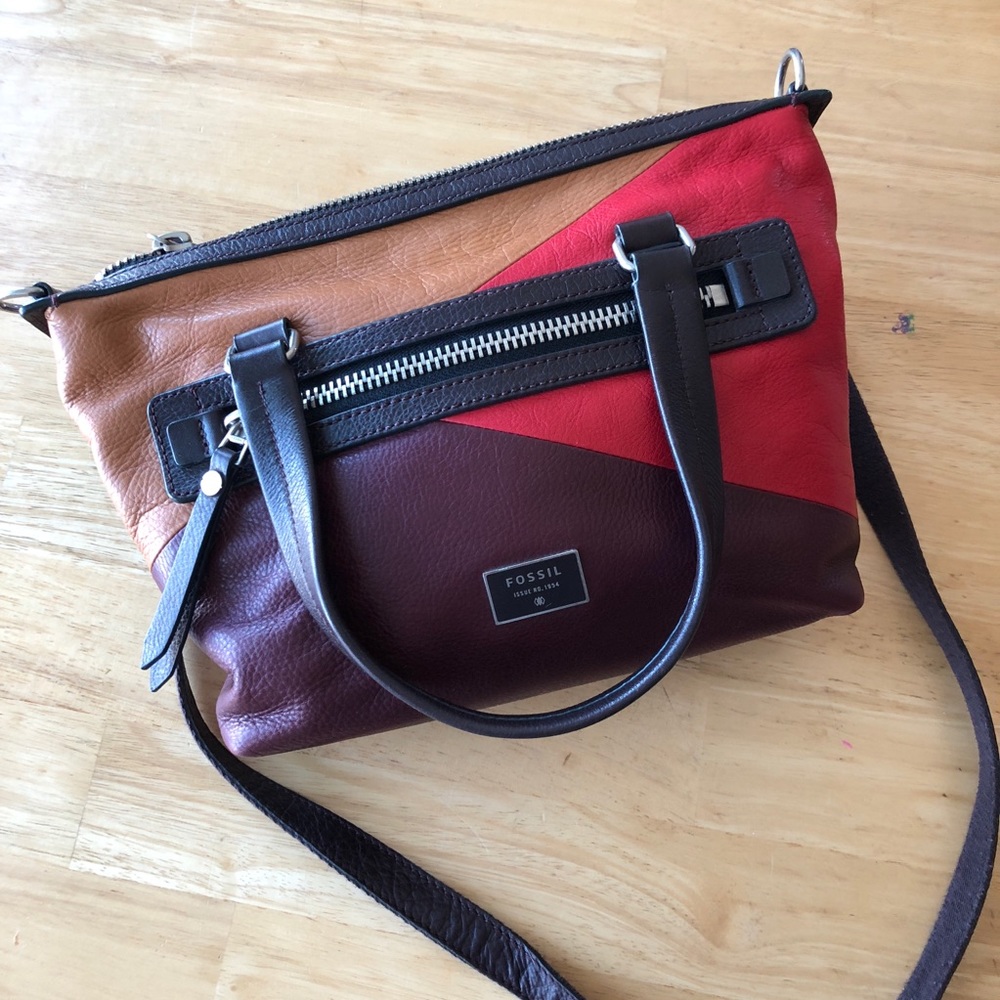 Fossil Dawson Red Multi Leather Satchel